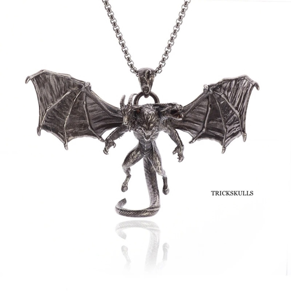 Three Headed Winged Dragon Beast Monster Streetwear Pendant 60cm Round Box Chain